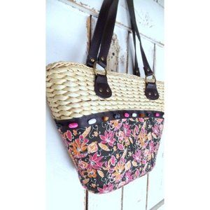 Tan pink floral beaded woven straw market bag